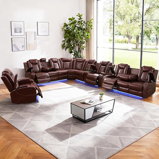 Leather Power Recliner Sectional Sofa Set with LED Light,L Shaped Leather Couch Set with 5 Recliner Seats,Modular Couch with USB Ports for Living Room Furniture(Red, Sectional+Sofa+Chair)