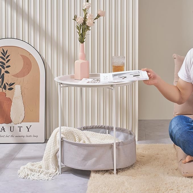 VECELO Round Side/End Table with Fabric Storage Basket，Metal Anti-Rust and Waterproof Small Bedside Nightstand with Removable Tray Top for Living Room，Balcony & Laundry，Beige/1pcs with Basket