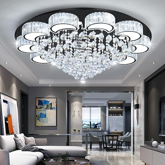 40'' Black Modern Crystal Chandeliers for Dining Room LED Dimmable Light Fixtures Flush Mount Light Living Room Bedrooms