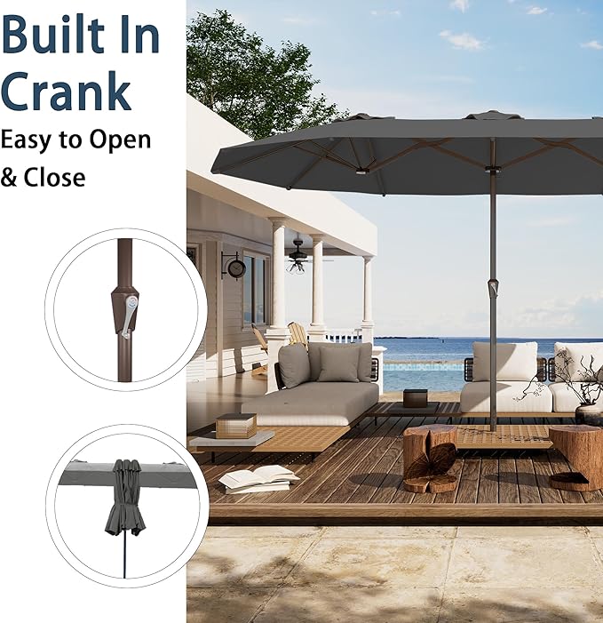PatioKingdom 15FT Large Patio Umbrella with Base, Double Sided Rectangular Outdoor Umbrella with Sturdy Fiberglass Ribs, Market Umbrella for Pool,Garden,Backyard,Deck (Gray, 15FT)
