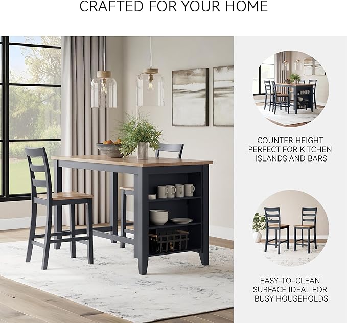 Signature Design by Ashley Gesthaven Casual 24.25" Counter Height Bar Stool with Saber Leg and Slat Back, Set of 2, Light Brown & Blue
