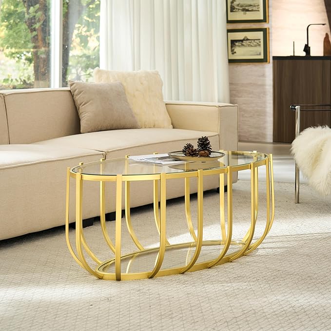 Saint Mossi Glass Oavl Coffee Table for Living Room, Modern 2-Tier Gold Center Table, Clear Glass Top with Gold Finish Legs & Frame