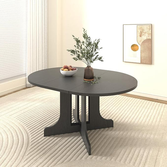 Ball & Cast Extendable Round Dining Table for 4-6,43.3-59" Transformer Kitchen Table W/Removable Leaf Trestle & X-Shaped Base,Modern Oval Extendable Dining Room Table for Small Space,Black