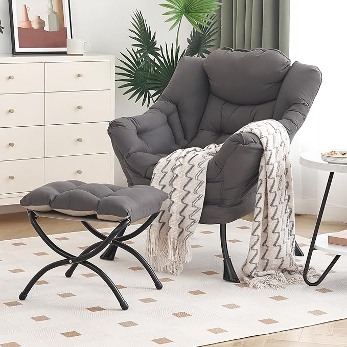 Lazy Chair with Ottoman, Modern Chair with Folding Footrest, Dark Grey Accent Chair, Comfortable Reading Chair, Oversized Armchairs for Bedroom, Study, Living Room, Courtyard