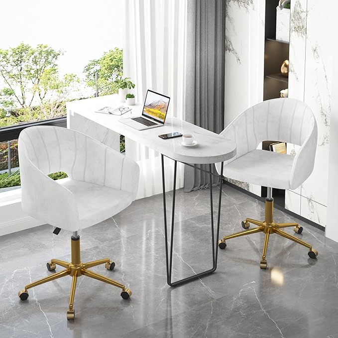 VECELO Velvet Accent Chair, Adjustable Luxury Vanity & Dining Chair with Gold Rolling Base, 360°Swivel Upholstered Armchair for Living Room, Bedroom, Home Office, Pearl White