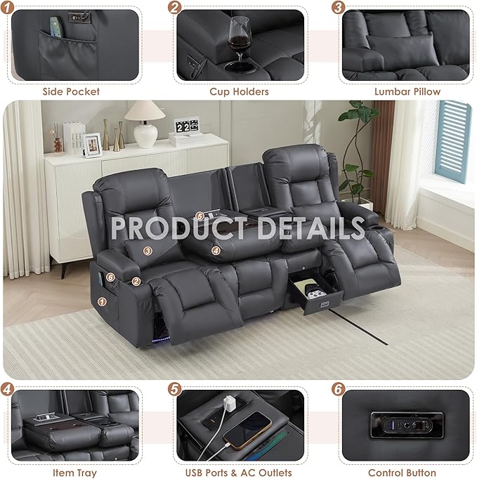 TUNYI Wall Hugger Loveseat Recliner Sofa with Console, Power Reclining Loveseat RV Couch with Massage & Heat/USB/Outlet/Storage/LED Light/Speaker (Light Grey, 3 Seat with Console)