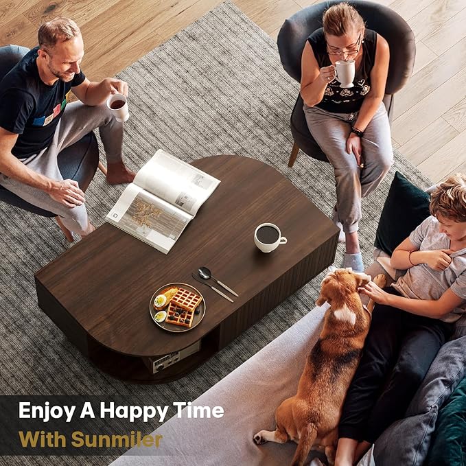 Mid-Century Modern 39.4" Coffee Table - Leaf-Shaped Wood Center Table with Storage, Retro Fluted Central Table with Sliding Door for Living Room, Office, Walnut