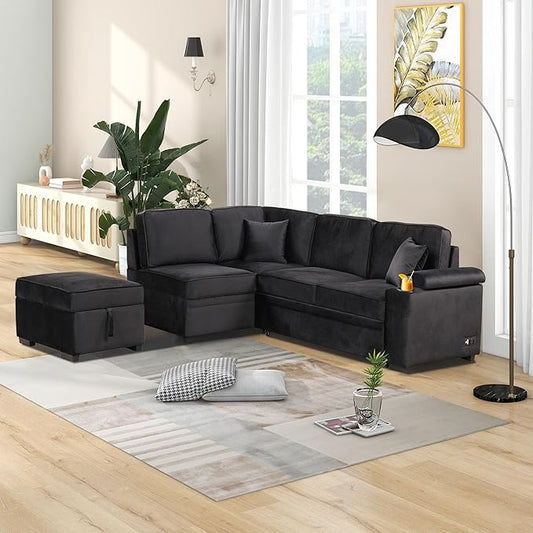ERYE 84-Inch Left Facing Corner Sleeper Sectional Sofa with Pull Out Sleeper Couch Bed and Storage Ottoman,L-Shaped Corner Convertible Sofa Bed W/Cupholder & Padded Armrests | USB Charging Ports, 3-pin Plug Socket