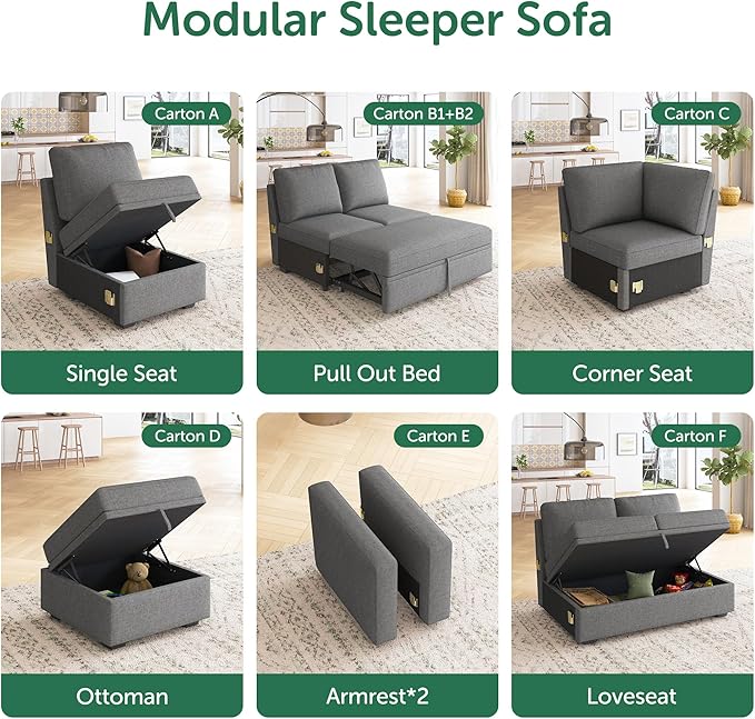 HONBAY Corner Seat for Sectional Sleeper Sofa, Corner Module for Modular Sleeper Couch with Pull Out Bed, Dark Grey