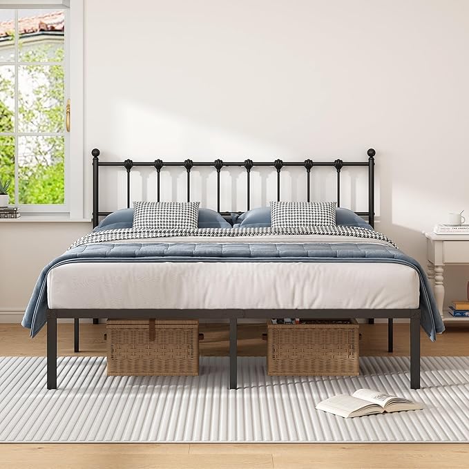 Full Size Bed Frame with Modern Headboard, Metal Platform Bed Base with Strong Support, No Box Spring Needed, Easy Assembly, Noise Free，Black