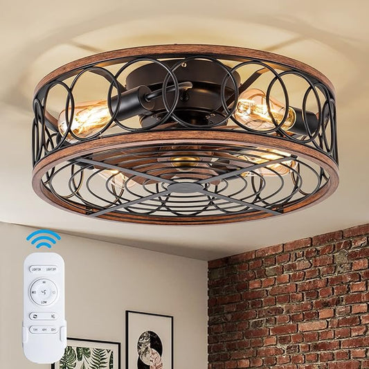 NORFOLK Farmhouse Ceiling Fans with Lights and Remote, 20'' Low Profile Caged Lighting with Bladeless Fan, Rustic Flush Mount with E26 Bulb Base for Bedroom, Living Room, Patios