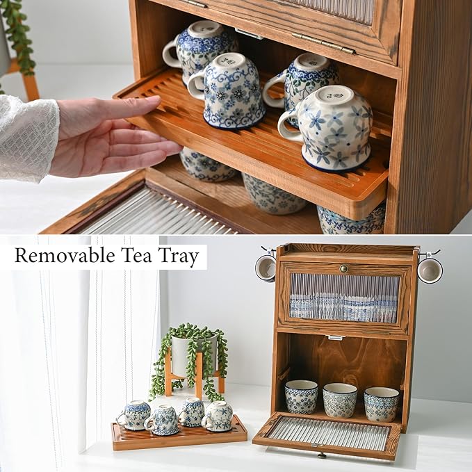 Ikee Design Rustic Wooden 2-Tier Countertop Storage Cabinet with Wavy Doors, Cupboard Organizer with Removable Bamboo Tea Tray, for Kitchen Pantry, Cups, Brown Color, 12.1W x 6.3D x 15.7H in