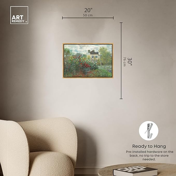 Art Remedy Monet-Garden With Dahlias Impressionism Classic Landscape Paintings Canvas Wall Art, Gold Floater Frame, 20"x30"