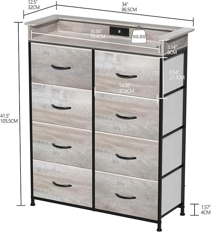 Dresser for Bedroom with Charing Station Grey Dresser with LED Lights Tall Dressers with 8 Drawers Storage Tower for Closet Living Room Hallway Entryway Sturdy Steel Frame Wood Top