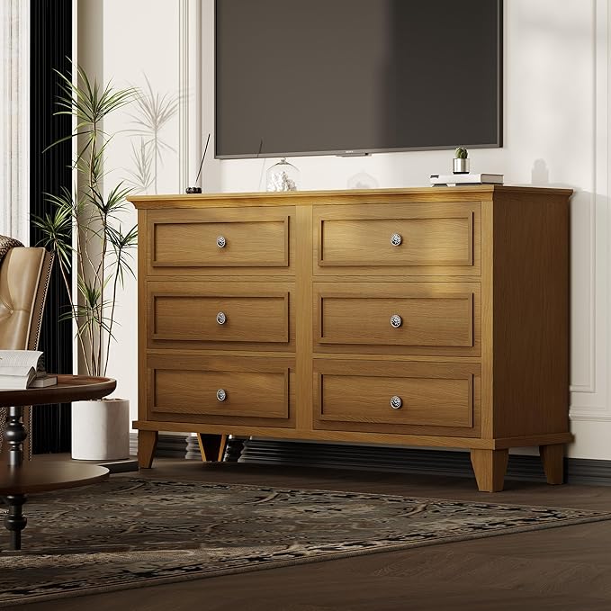GAOMON Dresser for Bedroom, 6 Drawer Wide Dresser Storage Organizer, Modern Wooden Chest of Drawers with Metal Handles for Hallway, Entryway, Home Office, Brown