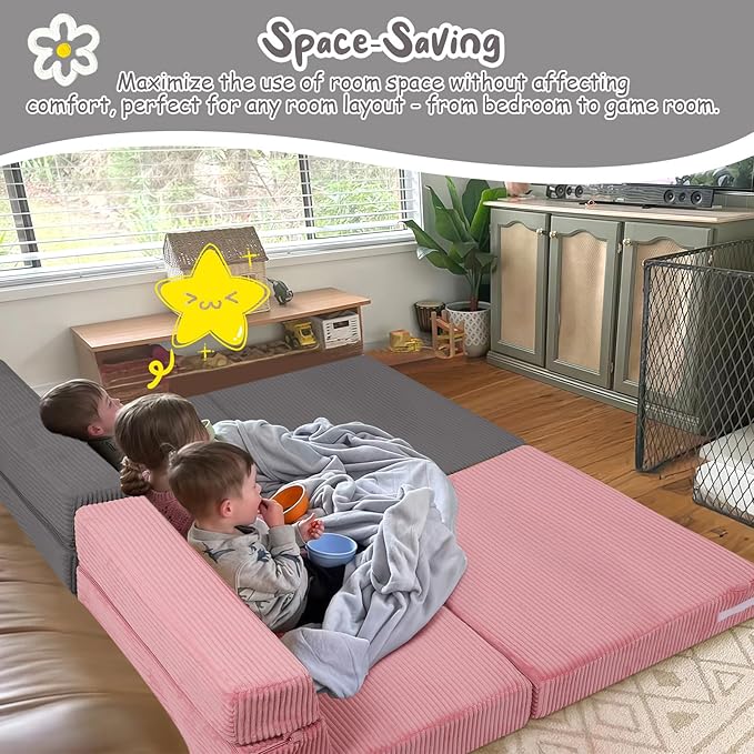 MeMoreCool Kids Folding Sofa Chair – Corduroy Floor Futon, Tri-Fold Mattress, Dark Grey, Portable, Washable Cozy Fold-Out Floor Couch | Foam Lounger for Sitting, Reading, Playroom, Travel