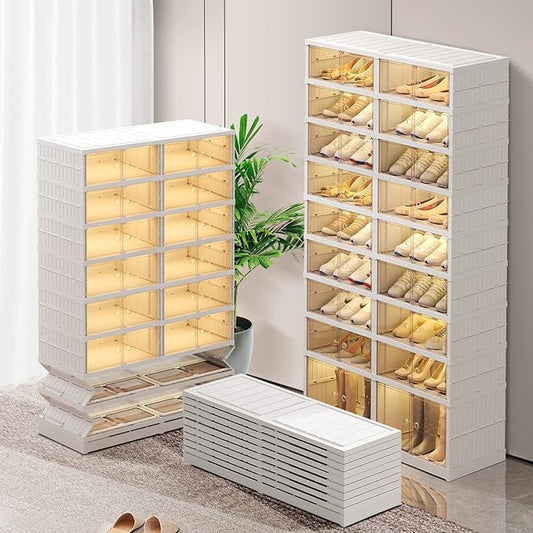 9-Tier Foldable Shoe Rack Organizer for Closet,36Pairs Collapsible Plastic Shoe Shelf,Large Shoes Cabinet with Door,Clear Stackable Storage Box Easy Assembly
