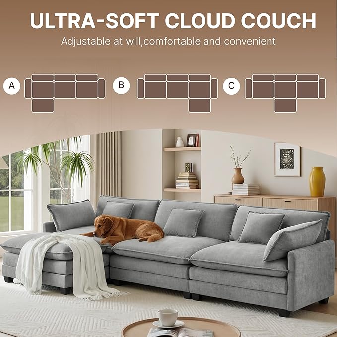 KISLOT 122" Oversized Modular Sectional Sofa,L-Shaped Cloud Couch with Movable Ottoman,Thick Cushions,4 Deep Seats with 5 Throw Pillows Sofa Couch Set for Living Room, Bedroom | Wood Frame