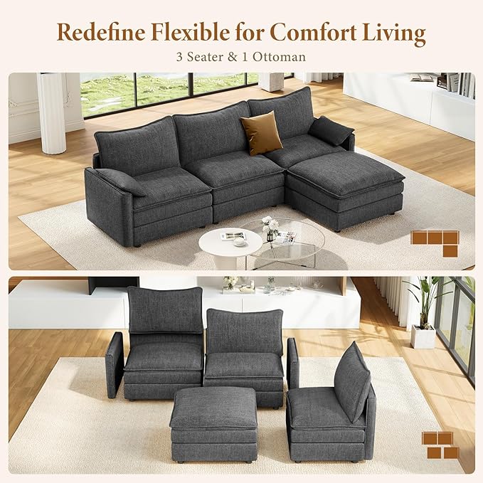 Vesgantti 108" Modular Sectional Sofa, Comfy Cloud Couch with Movable Ottoman Deep Seat Chenille L Shaped Modular Sofa, Sectional Couches for Living Room, Bedroom and Apartment, Gray | Sink-in Comfort, Height Adjustable, Easy Rearrangement, Extra-deep ...