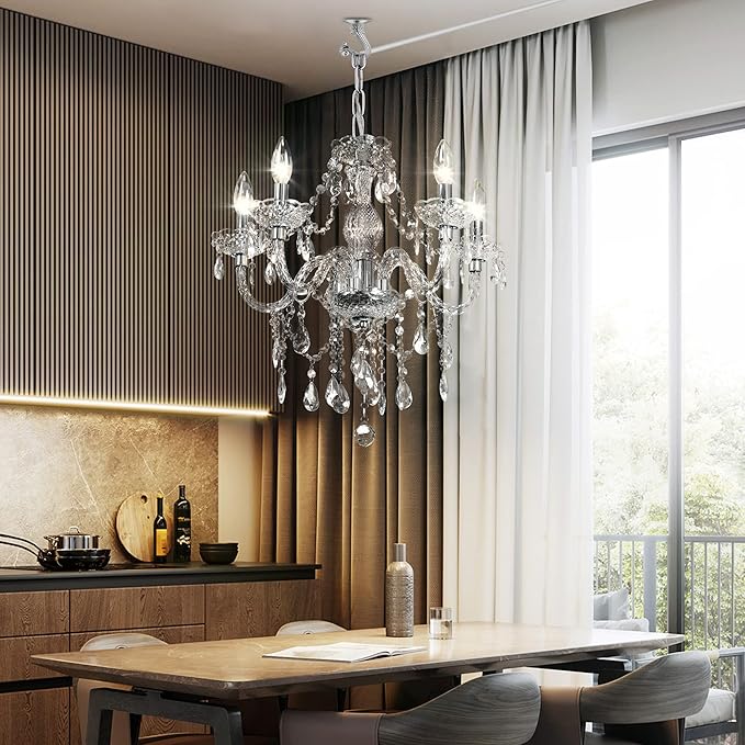 PAPAYA Plug-in 5 Light Crystal Hanging Pendant Lights Acrylic Chandelier with Clear Cord & On/Off Switch H19 D19.7 for Kitchen Island Girls' Room Dining Area Laundry Pavilion.