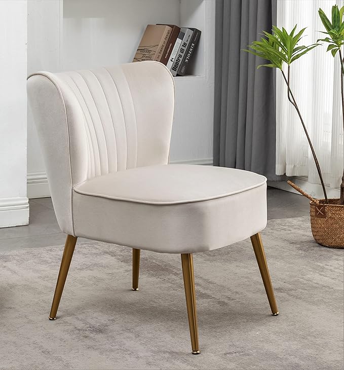 Modern Velvet Accent Chair for Living Room, Bedroom, or Entryway, Stylish and Comfortable Armless Design with Metal Legs, Ivory