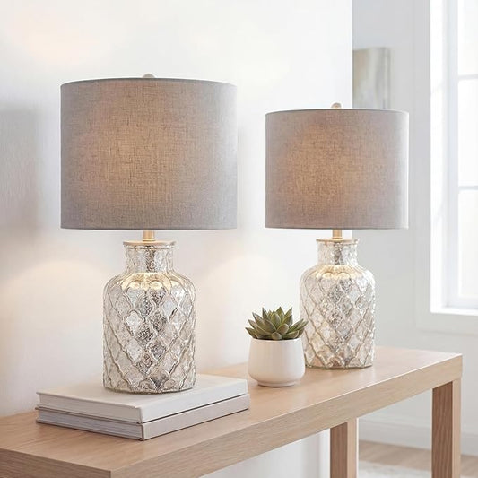 JONATHAN Y 24.5" Alvord Mercury Silver Quatrefoil Glass Table Lamp Set of 2, Contemporary Nightstand Lamps with Grey Linen Drum Shade, UL Listed, LED Bulbs Included JYL1075A-SET2