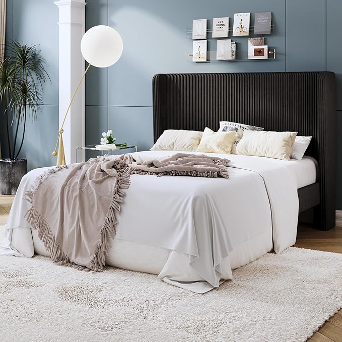 SHA CERLIN Full Size Corduroy Upholstered Platform Bed Frame with Vertical Channel Tufted Wingback Headboard, 8" Under Bed Storage, Wooden Slats & Metal Frame Support, Easy Assembly, Black