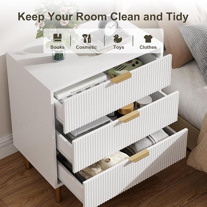 IDEALHOUSE White Dresser, Modern 3 Drawer Dresser for Bedroom with Gold Handle and Large Drawer, Wood Double Chest of Drawers and Storage Organizer for Living Room, Hallway, Entryway