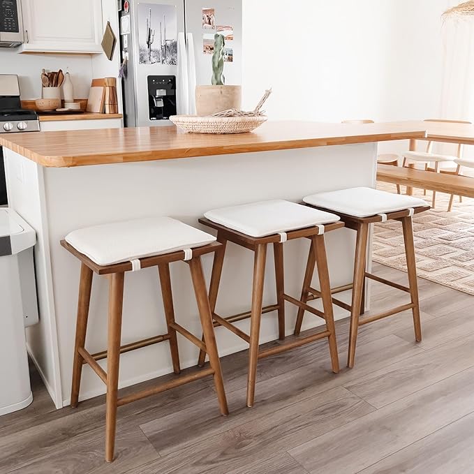 Nathan James Barker Counter Height Solid Wood Barstool with Upholstered Cushion, Backless Island Stool with Rubberwood Legs and Natural Textured Linen Upholstery for Kitchen, Brown/White, Set of 2