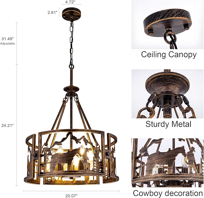 TOCHIC 5-Light Farmhouse Chandelier for Dining Room, Rustic Chandelier in Bronze Metal, Western Cowboy Horse Light Fixture for Living Room, Dining Room, Bedroom, Foyers, 20" D