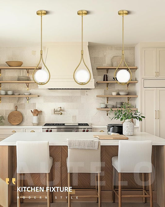 AUTELO 2 Pack Pendant Lights, Pendant Lights Kitchen Island in Brushed Gold Finish with Milky White Globe Glass, Gold Pendant Light Fixtures, Vintage Hanging Lights for Kitchen Island H9377 MGBG-2PK