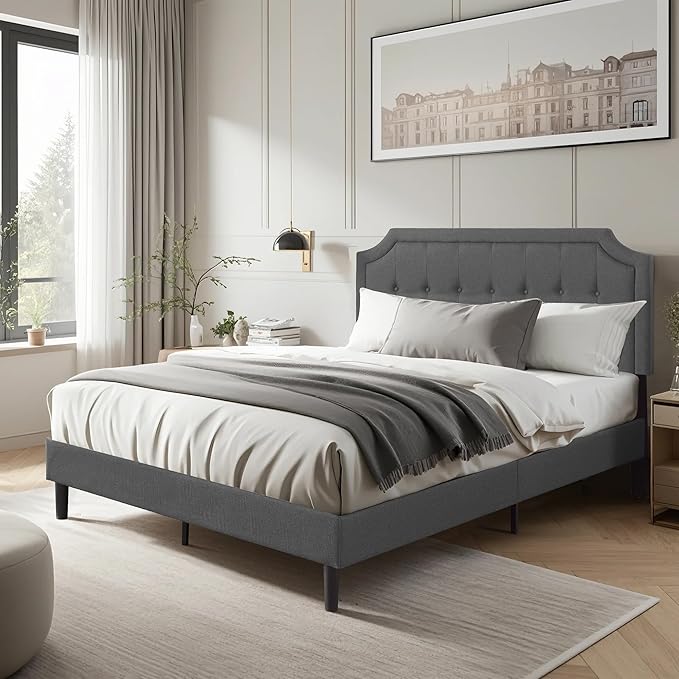 VECELO Full Upholstered Platform Bed Frame with Adjustable Button Stitched Panel Headboard,Strong Wood Slat Support,Velcro Design,Mattress Foundation/Easy Assembly,Grey