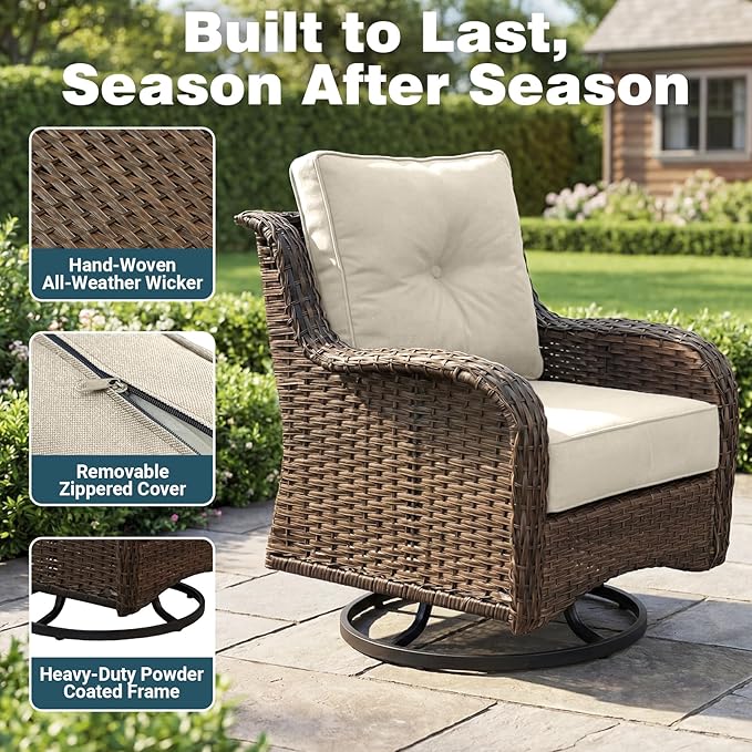 Patio Furniture Set, 5PCS Outdoor Wicker Conversation Set with 6" Thick Cushions, High Back Rattan Sofa & Swivel Rocker Chairs, Weather Resistant Olefin Fabric for Garden, Poolside, Beige