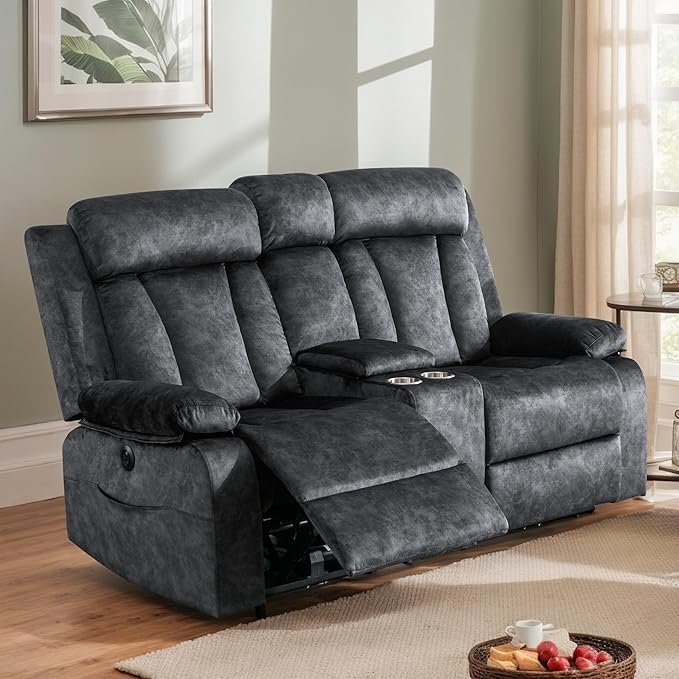 Power Reclining Loveseat with Heat & Massage, Dual Recliner Sofa with Console, Cup Holders, USB & Type-C Ports, 2 Seater Electric Reclining Couch for Living Room, RV (Grey, 2 Seat)