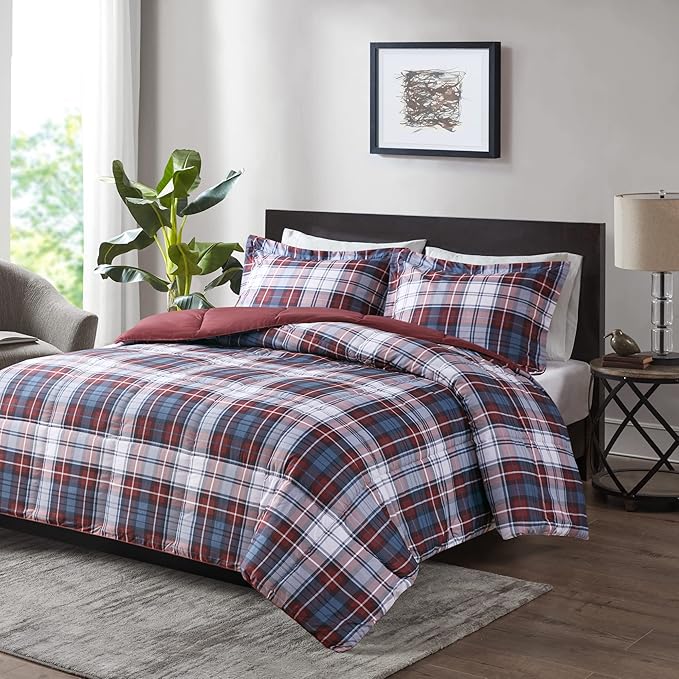 Madison Park Essentials Parkston Plaid Comforter, Matching Sham, 3M Scotchguard Stain Release Cover, Hypoallergenic All Season Bedding-Set, King/California King, Red, 3 Piece