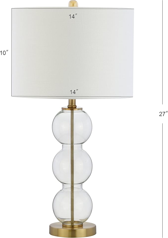 JONATHAN Y 27" Clear/Brass Triple-Sphere Glass Table Lamp Set of 2, Bedside, White Linen Shade, Modern Table Lamps for Living Room, Bedroom, Office, LED Bulbs Included JYL1070A-SET2
