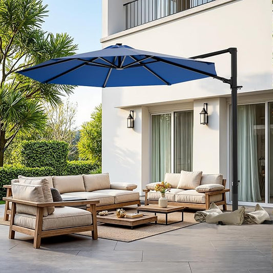 Greesum 10FT Outdoor Patio Umbrella with High Pedel and 4 Gear Heights, Large Offset Market Umbrella with 360-degree Rotation, Without Base, Hanging Outdoor Shade for Garden, Lawn, Pool, Deep Blue