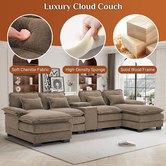 133" Oversized U Shaped Cloud Couch Modular Sectional Couches for Living Room Comfy Chenille Deep Seat Sofa Set with Double Chaise Lounge, Storage Central Console, Cup Holders, USB Port, Brown