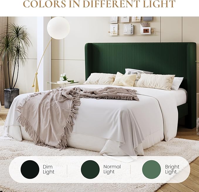 SHA CERLIN King Size Corduroy Upholstered Platform Bed Frame with Vertical Channel Tufted Wingback Headboard, 8" Under Bed Storage, Wooden Slats & Metal Frame Support, Easy Assembly, Dark Green