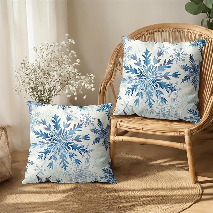 Set of 2 Winter Snowflake Pillow Covers Blue Christmas Decorative Throw Pillow Cases 20x20 Inch Farmhouse Xmas Holiday Outdoor Cotton Linen Pillowcase for Living Room Couch Sofa Decor