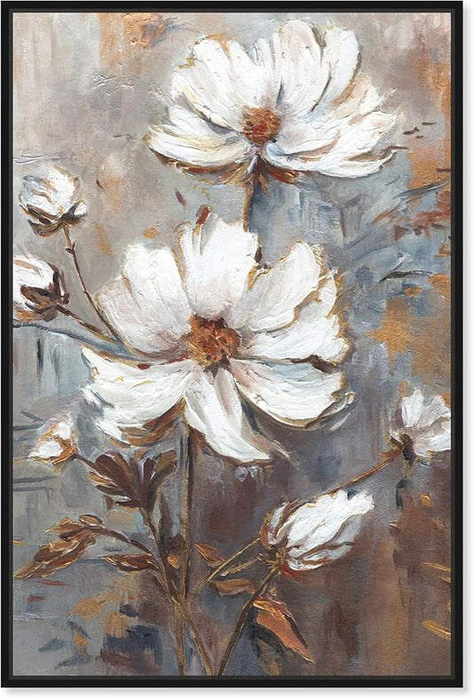 Art Remedy White Textured Flowers Canvas Elegant Floral Wall Art, Black Frame, 10" x 15"