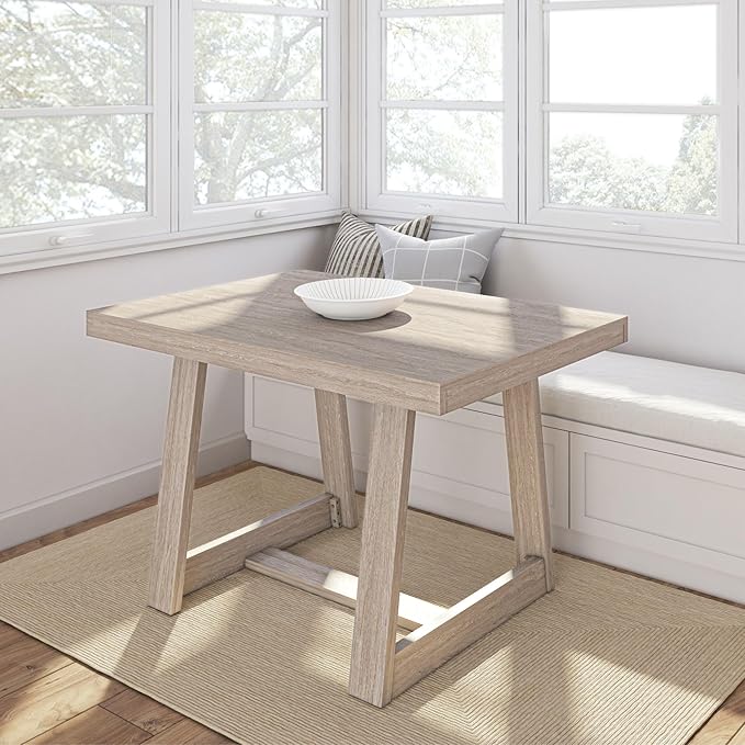 Plank+Beam 48 Inch Farmhouse Dining Table, Rustic Solid Wood Kitchen Table, Dinner Table for Dining Room, Home Office Furniture, Seashell Wirebrush