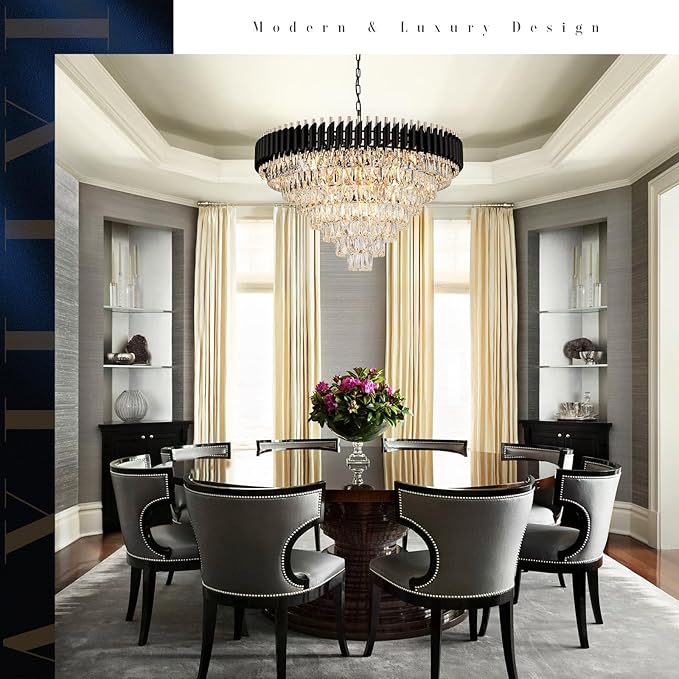 Modern Black and Gold Crystal Chandeliers 35'' Large Chandeliers for High Ceiling 7-Tier 22-Light K9 Crystal Luxury Round Crystal Chandelier Light Fixture for Staircase Living Room Foyer Lobby