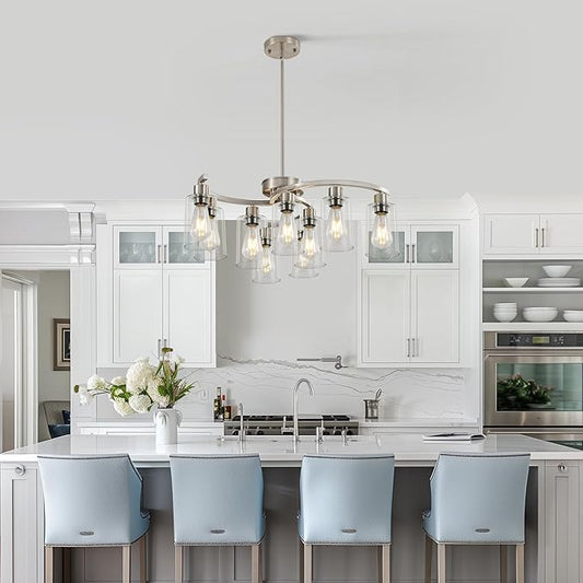 9-Light Brushed Nickel Kitchen Light Fixtures ，29.5" Large Chandeliers for Dining Room， Modern Dining Table Light Fixture，Metal Bracket Pendant Lighting with Downward Clear Glass Shade
