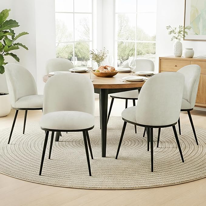 Dining Chairs Set of 6, Fabric Upholstered Dining Room Chairs with Ergonomic Backrest & Metal Legs, Modern Kitchen Side Chairs for Home, Restaurant, and Café, Dove, 2 Boxs