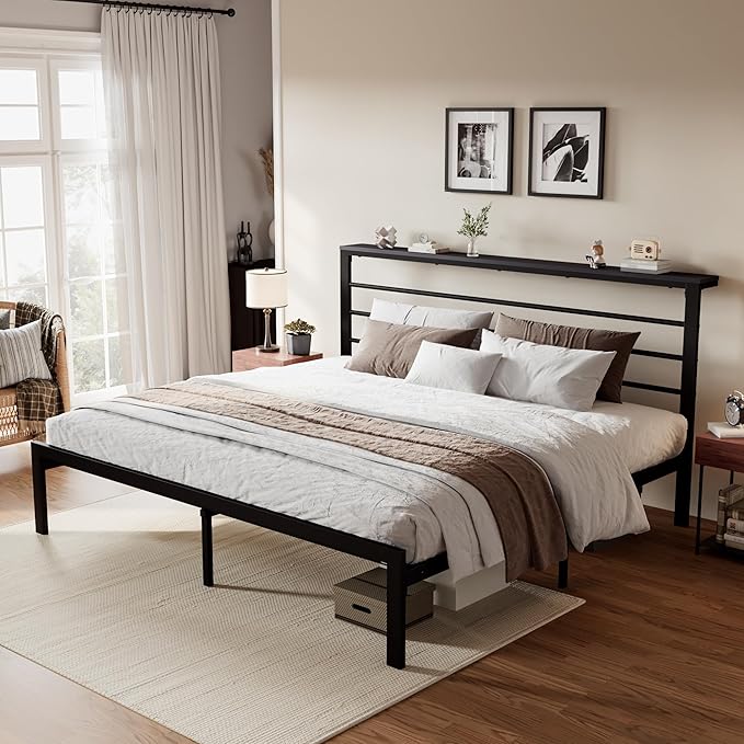SHA CERLIN King Size Bed Frame with Headboard Shelf and Strong Metal Foundation, No Box Spring Needed, Black