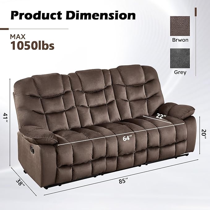 HAOMARKETS 3 Seat Manual Reclining Sofa, Soft Fabric Recliner Couch with Padded Headrest and Armrests, 85" Wide Overstuffed 3-Seater Recliner Couches for Living Room, Brown