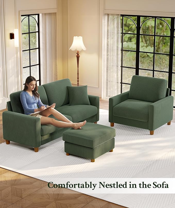 Welzona 70.2" Couches for Living Room, Comfy Sofa Set Tool-Free Setup, Corduroy Couch Set 7.1" Thicker Cushion, Accent Chair with Ottoman 848lbs Support, Sofas for Living Room Home Office, Green