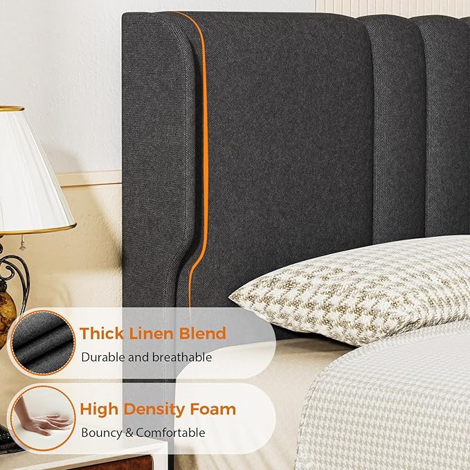 GTPLAYER King Size Bed Frame, Upholstered Platform Bed Frame with Tall Headboard Wingback, Soft Velvet Fabric, No Box Spring Needed, Easy Assembly, Dust Grey