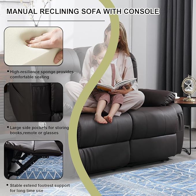 59" Manual Reclining Loveseat Sofa - Double Loveseat Recliner Chair with Side Pockets for RV Couch/Motorhomes/Living Room (Brown, Loveseat)